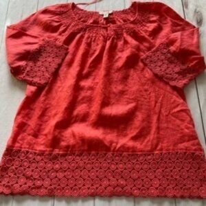 Charter club luxury 100% linen women’s embroidered top 1X Coral Pink BoHo